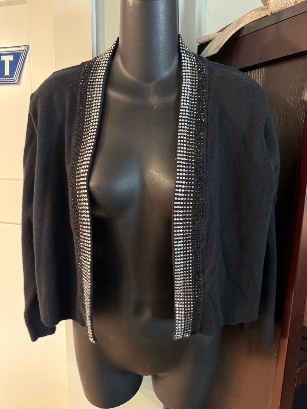 Calvin Klein Black Open-Front Half Cardigan with Rhinestone Trim